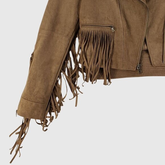 BCBGMAXAZRIA Tan Faux Suede Fringe Moto Jacket With Zipper Womens Size S - Picture 4 of 11